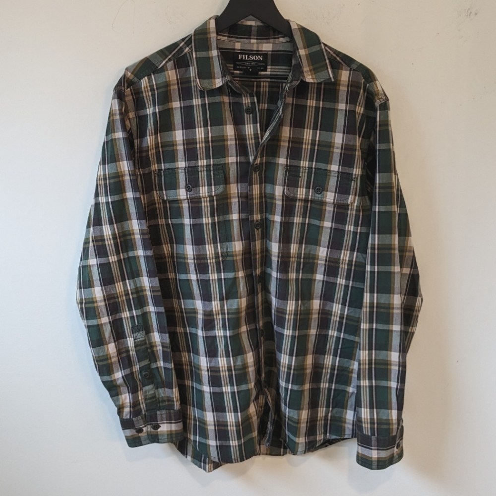 Filson Kitsap Work Shirt, Green Brown Gold Plaid.